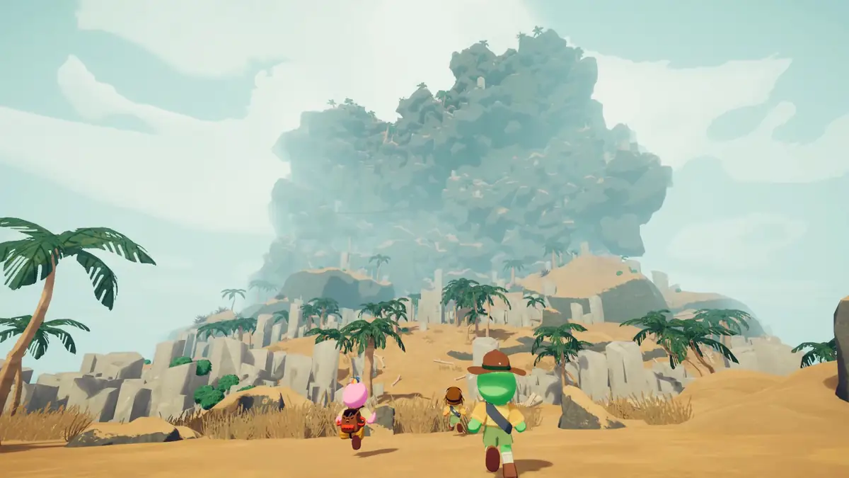 PEAK players using climbing equipment together beside a lava-lit rock face