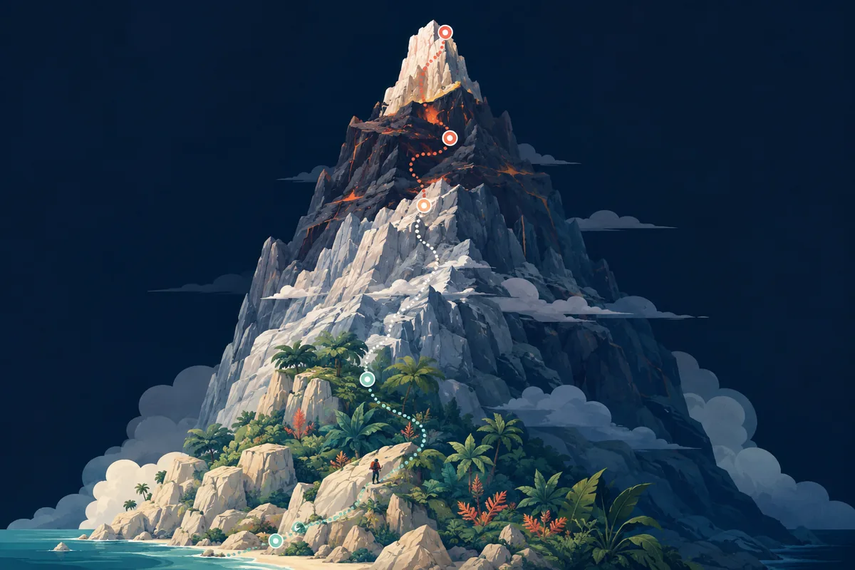 Editorial illustration of a PEAK climb rising through coastal, tropical, alpine, and volcanic terrain